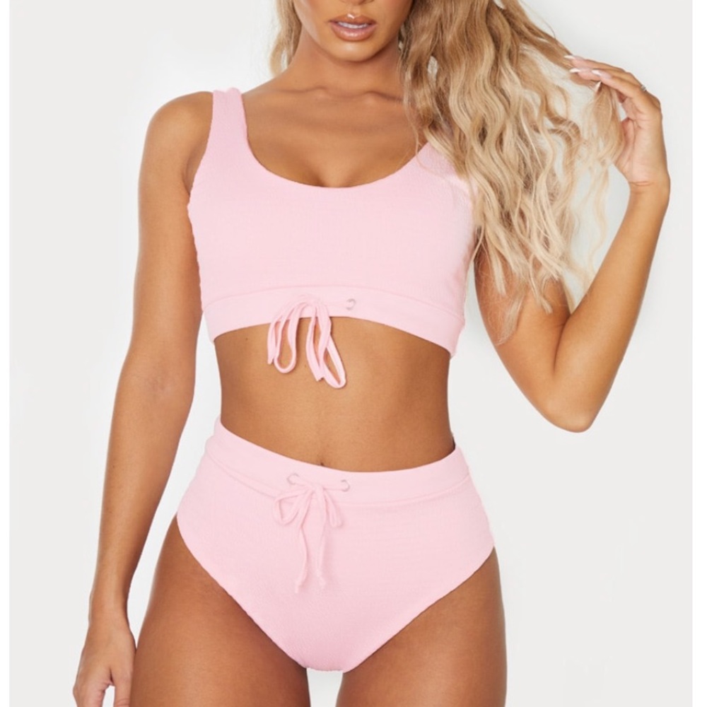 Pretty Little Thing - Baby Pink Crinkle Drawstring High Waist Bikini